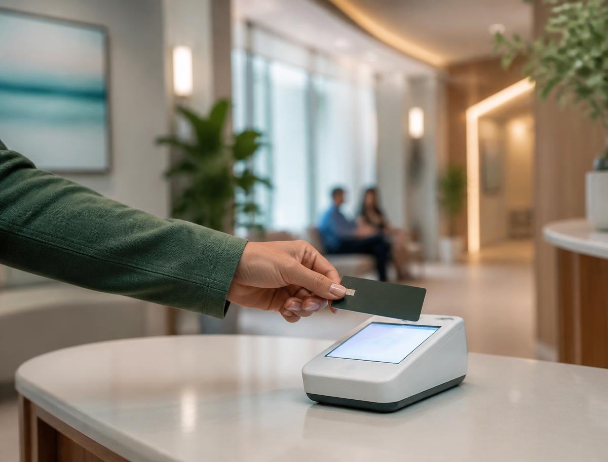 Fortis-powered payment card floating over a navy background